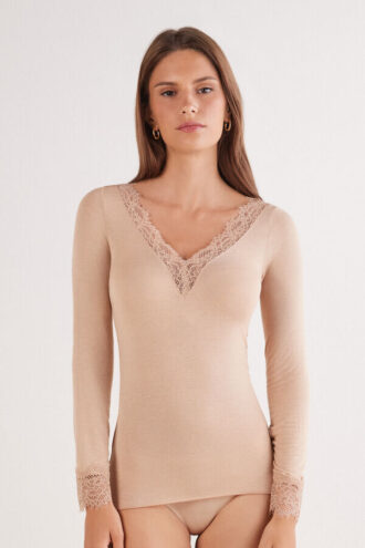 Camicia a maniche lunghe in cashmere ultraleggero con pizzo