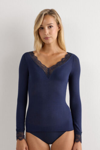 Camicia a maniche lunghe in cashmere ultraleggero con pizzo