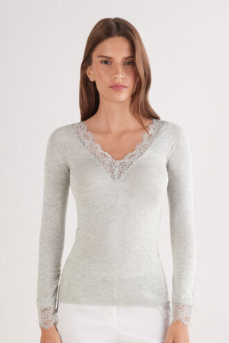 Camicia a maniche lunghe in cashmere ultraleggero con pizzo