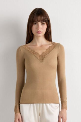 Camicia a maniche lunghe in cashmere ultraleggero con pizzo