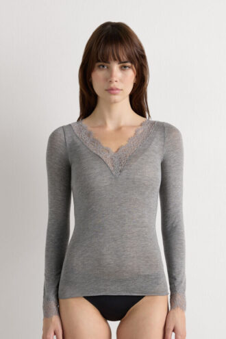 Camicia a maniche lunghe in cashmere ultraleggero con pizzo