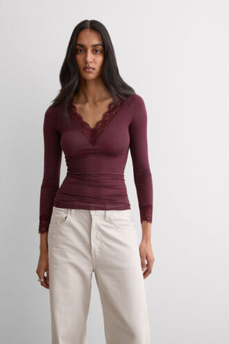 Camicia a maniche lunghe in cashmere ultraleggero con pizzo