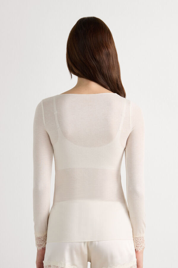 Camicia a maniche lunghe in cashmere ultraleggero con pizzo Camicia a maniche lunghe in cashmere ultraleggero con pizzo