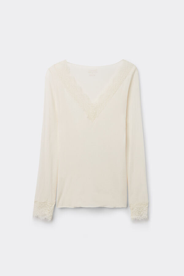 Camicia a maniche lunghe in cashmere ultraleggero con pizzo Camicia a maniche lunghe in cashmere ultraleggero con pizzo