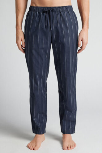 Pantaloni lunghi in cotone blu a righe bianche