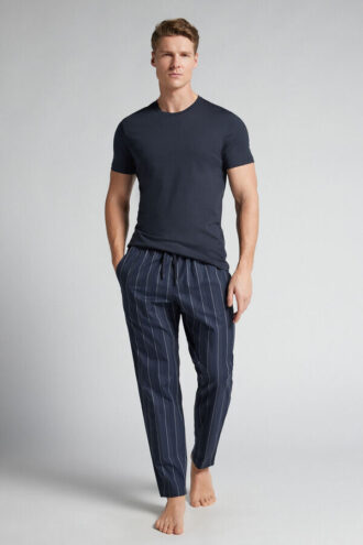 Pantaloni lunghi in cotone blu a righe bianche