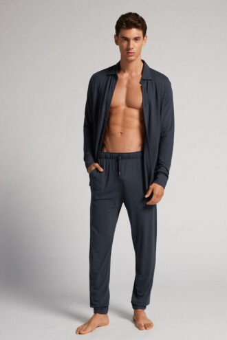 Pantaloni lunghi in piqué di modal e seta