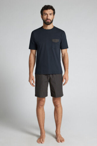 Pigiama corto in tessuto a quadri blu e crema e cotone