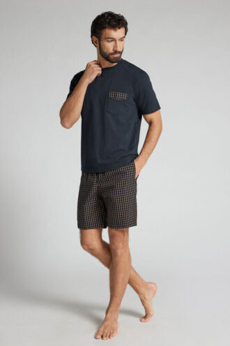 Pigiama corto in tessuto a quadri blu e crema e cotone