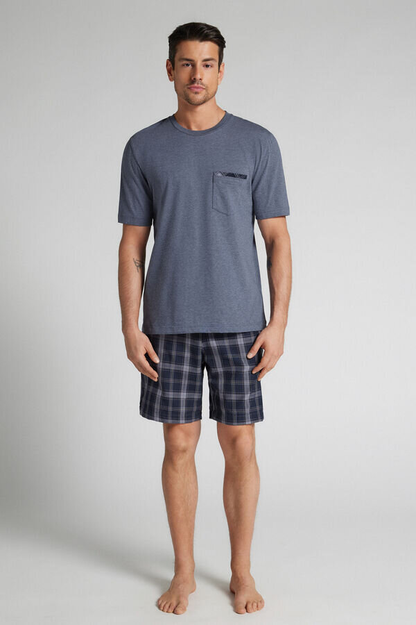 Pigiama corto in tessuto denim a quadri e cotone Pigiama corto in tessuto denim a quadri e cotone