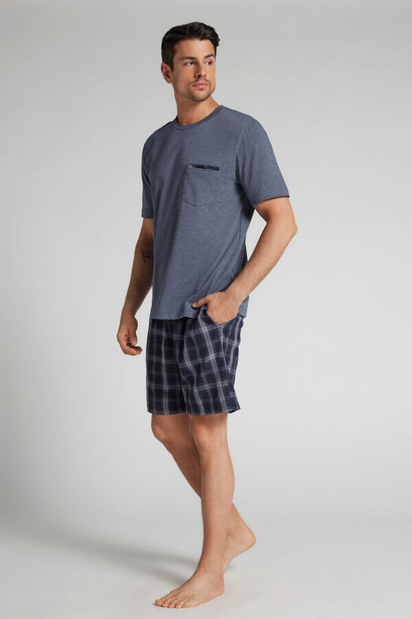 Pigiama corto in tessuto denim a quadri e cotone Pigiama corto in tessuto denim a quadri e cotone
