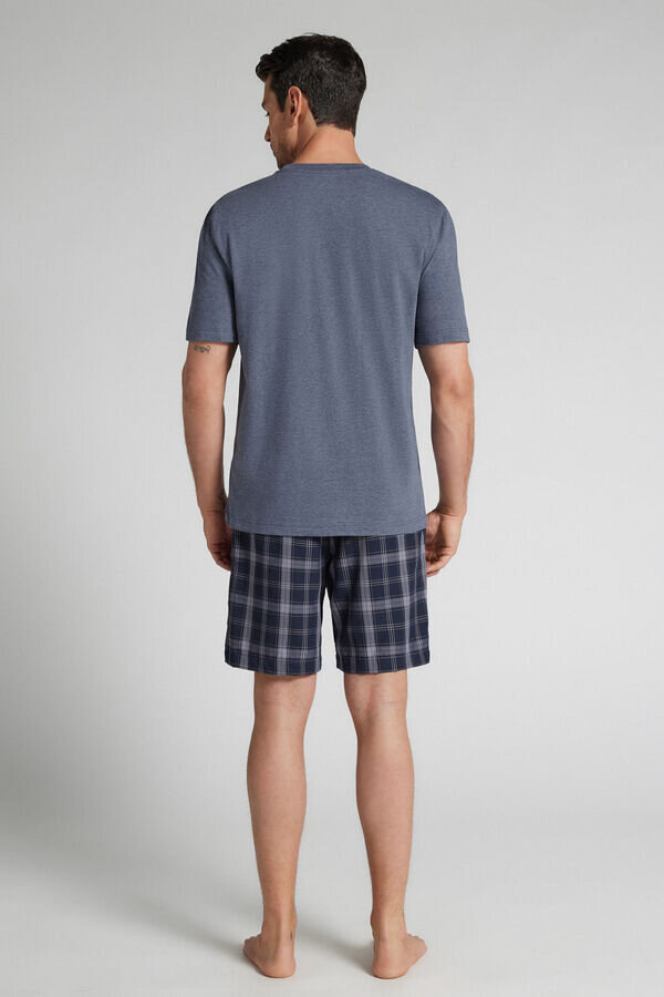 Pigiama corto in tessuto denim a quadri e cotone Pigiama corto in tessuto denim a quadri e cotone