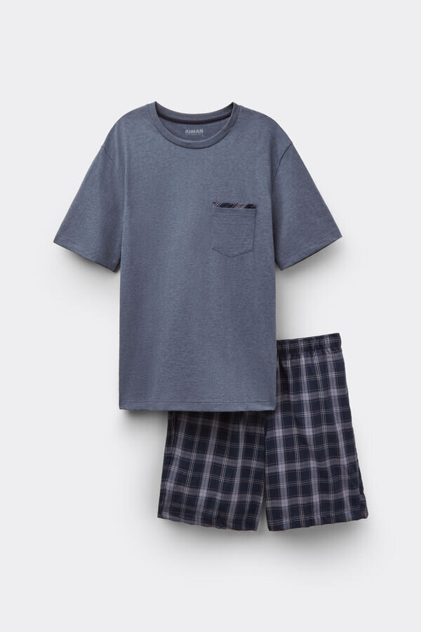 Pigiama corto in tessuto denim a quadri e cotone Pigiama corto in tessuto denim a quadri e cotone