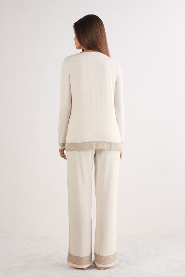 Pigiama lungo con bottoni e bordi in pizzo in modal Pigiama lungo con bottoni e bordi in pizzo in modal