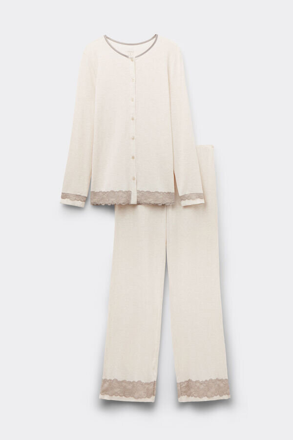 Pigiama lungo con bottoni e bordi in pizzo in modal Pigiama lungo con bottoni e bordi in pizzo in modal