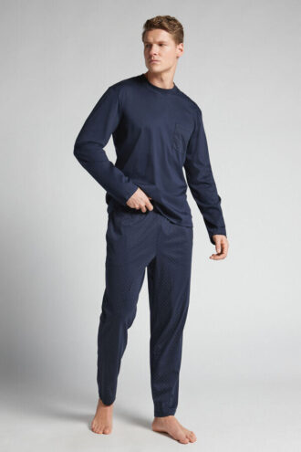 Pigiama lungo in cotone mercerizzato premium con stampa a pois