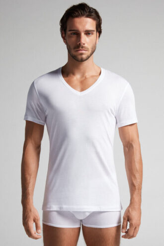 T-shirt con scollo a V in cotone extrafine superiore