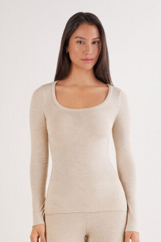 Top a maniche lunghe con scollo rotondo in modal ultraleggero e cashmere