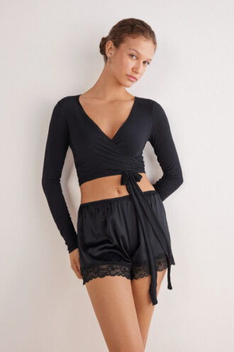 Top avvolgente a maniche lunghe in modal ultraleggero con cashmere